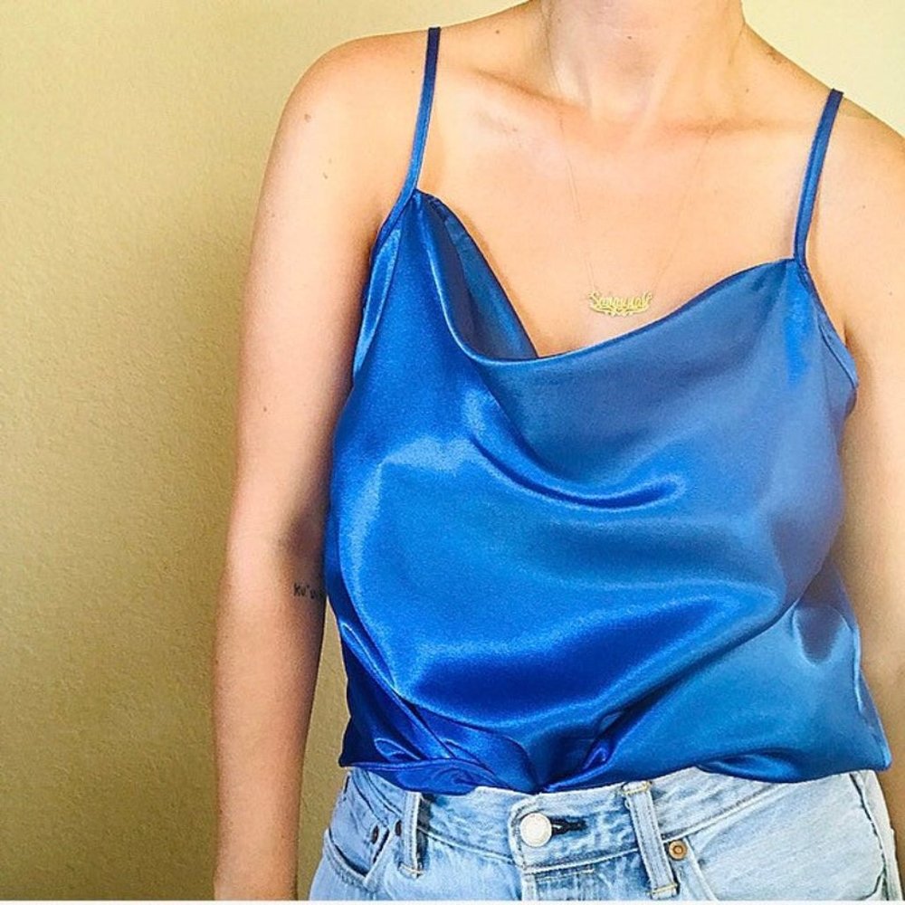 Blue satin cowl neck tank top MEDIUM